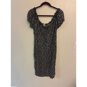 DUW Womens XL Black Ditsy Floral Short Puff Sleeve Ruffle Mini Dress Cottagecore